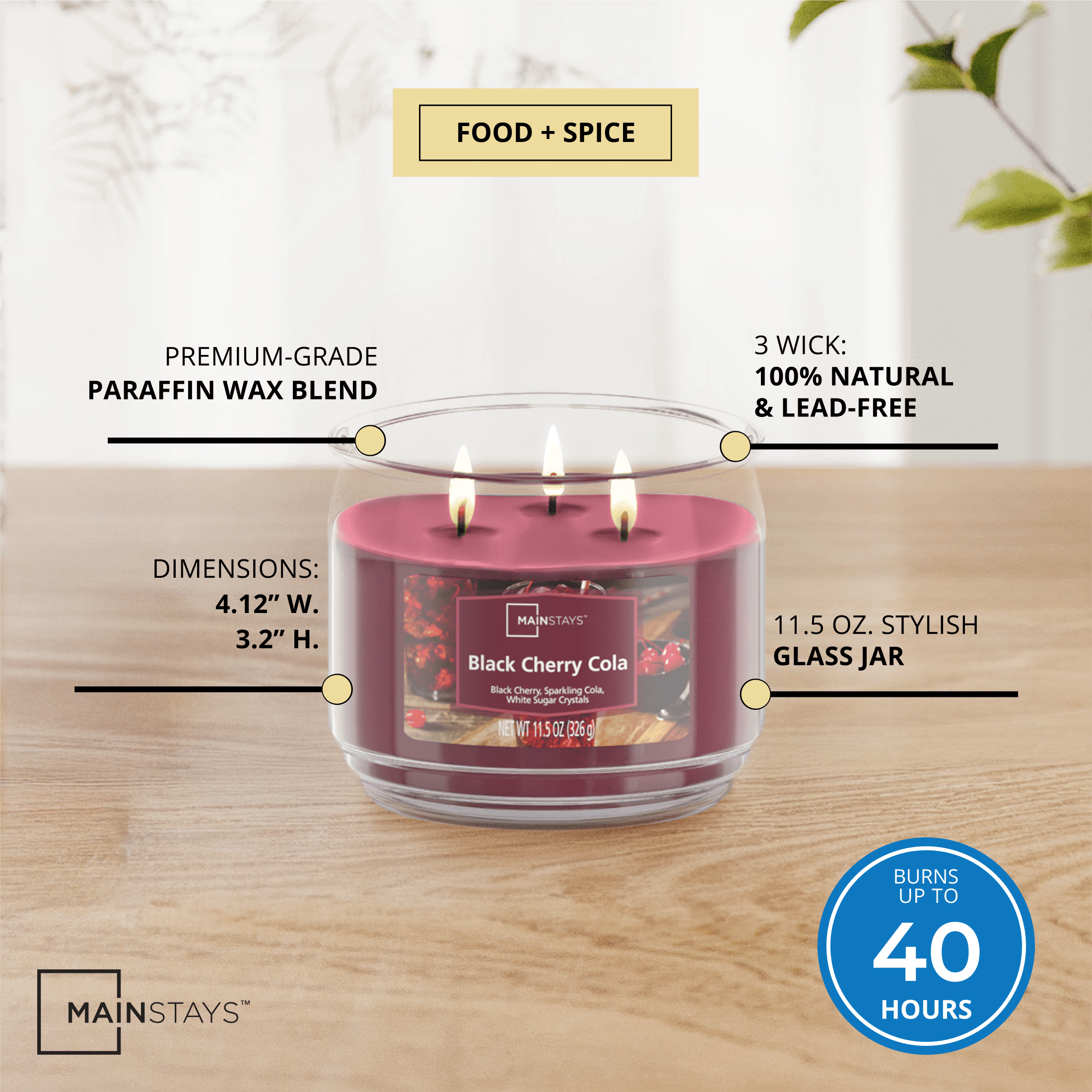 Mainstays 3-Wick Scented Glass Jar Candle, Black Cherry Cola -Wick, 11.5oz.