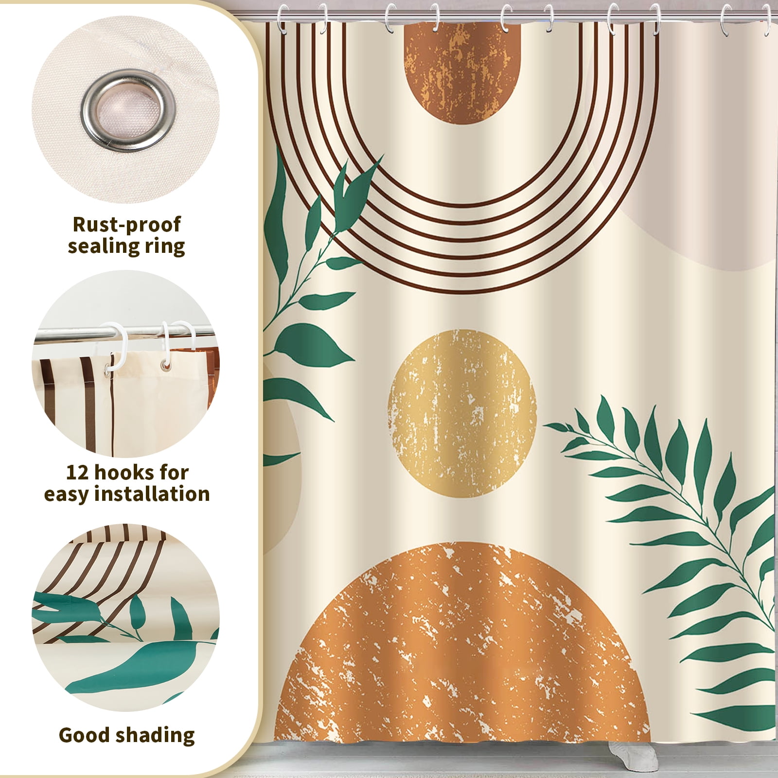 Dznils Abstract Boho Fabric Shower Curtain and Rug Sets, 16pc Modern Bathroom Sets, Beige, 72" x 72"