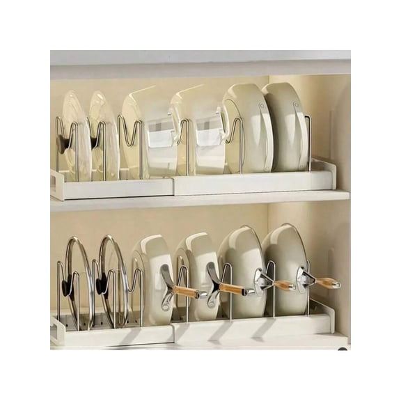 Pots and Pans Organizer for Kitchen Cabinet, Adjustable Multi-Purpose Pot Storage Rack, Space-Saving Pull-Out Cabinet Organizer, Metal Pot Lid Holder and Pan Rack, White