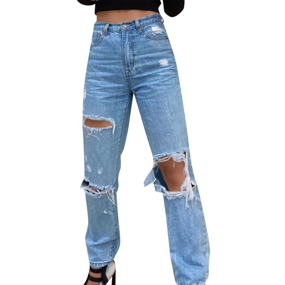 Ketyyh-chn99 Skinny Jeans for Women High Rise Straight Jeans y2k High Waisted-Rise Stretch Skinny Destroyed Ripped Jeans for Women Blue,M