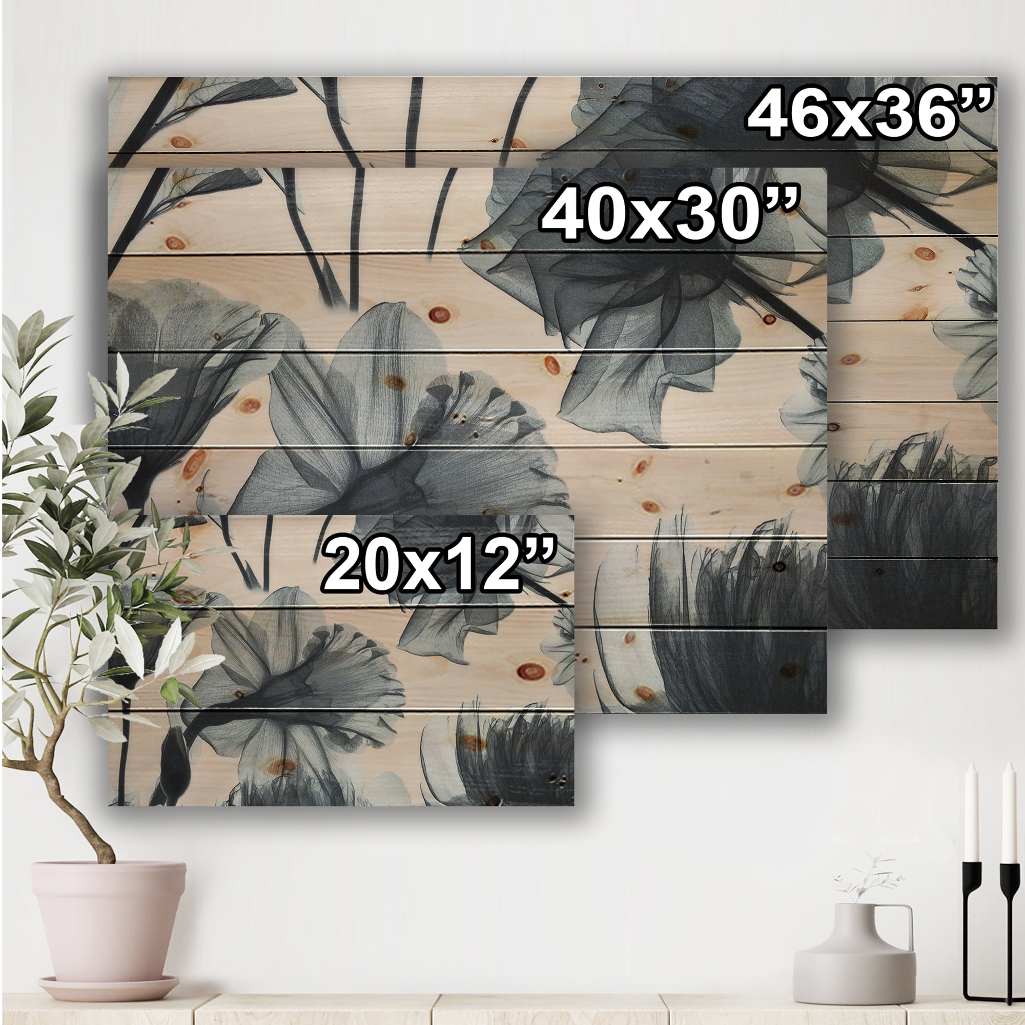 Designart 'Grey Mottled Fabric Vintage Flowers' Farmhouse Print on Natural Pine Wood