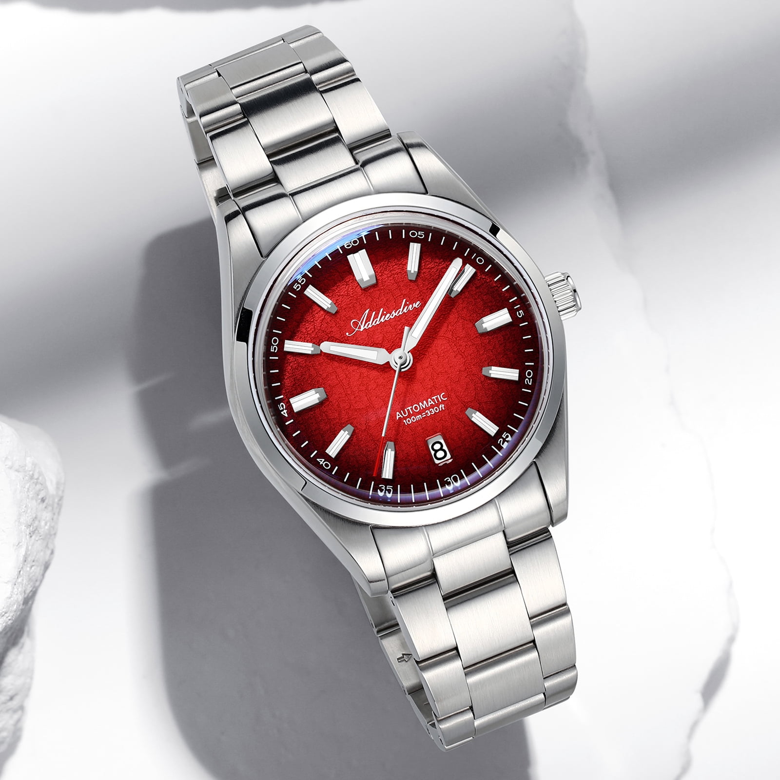 ADDIESDIVE Men's Automatic Stainless Steel Watch, Japanese Movement, 100m Waterproof Dive Watch  3D Crack Red Dial, BGW9 Luminous