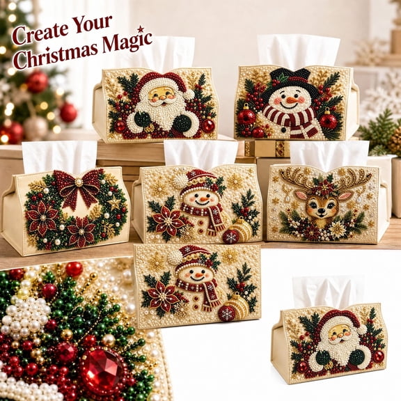Kiddiway DIY Diamond Bead Tissue Box Kit - Christmas Craft Project with Pearls, Great for Seasonal Decorating, perfect for home wall art