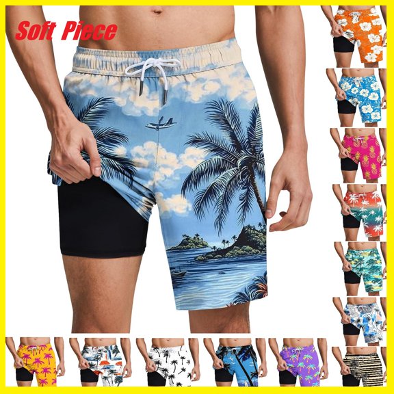 GuangCheng Mens Swim Shorts Bathing Suits Swimwear Swimming Board Trunks Quick Dry Beach Swimsuit with Compression Liner,Light Blue,Size S-2XL