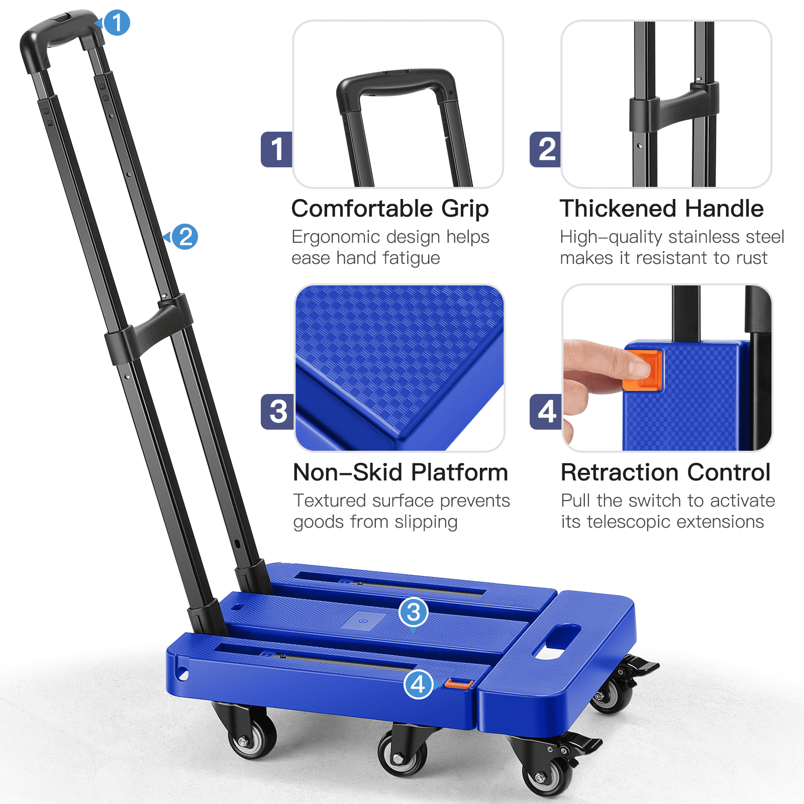 Folding Hand Truck, Heavy Duty Dolly Cart for Moving, 550 LBS Hand Truck With 6 Wheels & 2 Ropes for Luggage, Moving, Shopping, Office Use