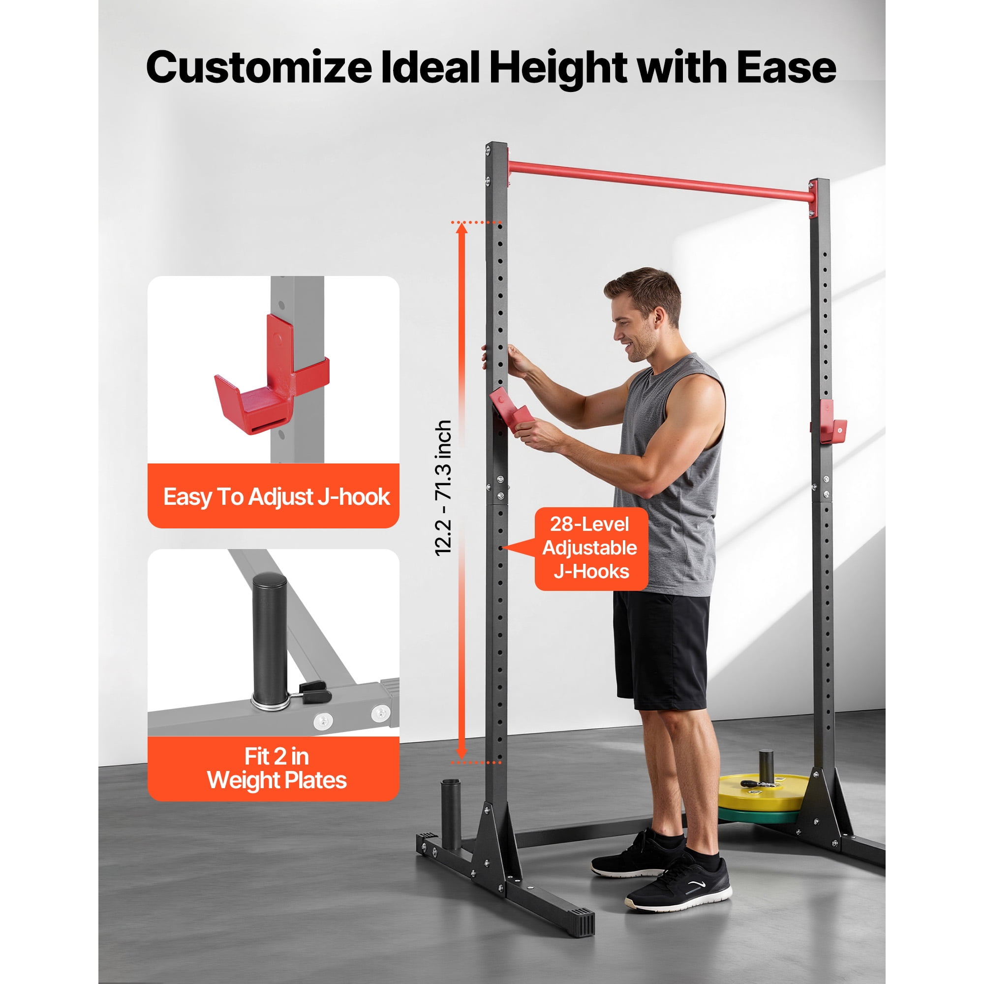 KFFKFF Power Cage Squat Rack, Versatile Workout Equipment with 28-Level Adjustable J-Hooks, 800LBS Capacity for Strength Training, Barbell Squats, Pull-Ups, and Weight Lifting at Home