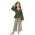 thumbnail image 6 of SGFCWSX Girls 2 Piece Outfits Bell Sleeve V Neck Peplum Tops Striped Wide Leg Pants Casual Clothes Set Green Size 13, 6 of 8