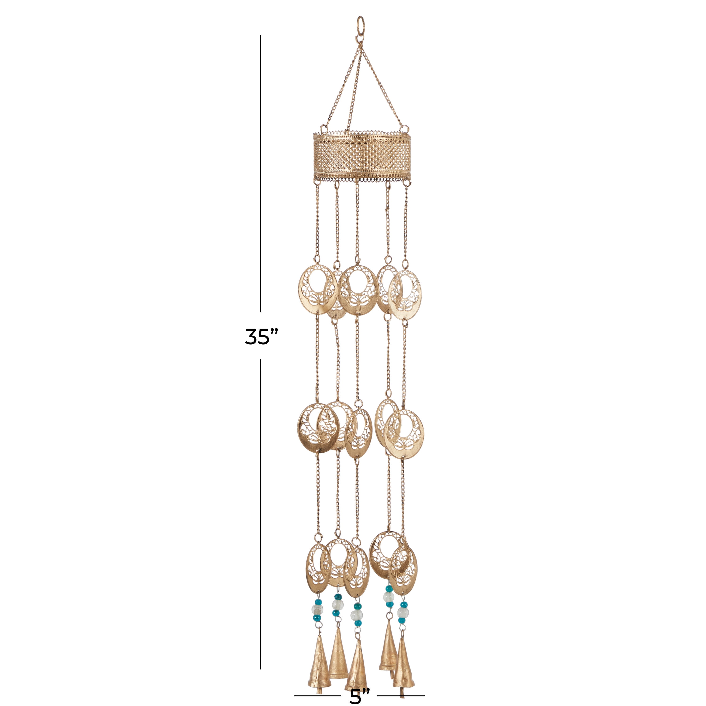 DecMode 35" Gold Metal Indoor Outdoor Arabesque Geometric Windchime with Glass Beads and Cone Bells