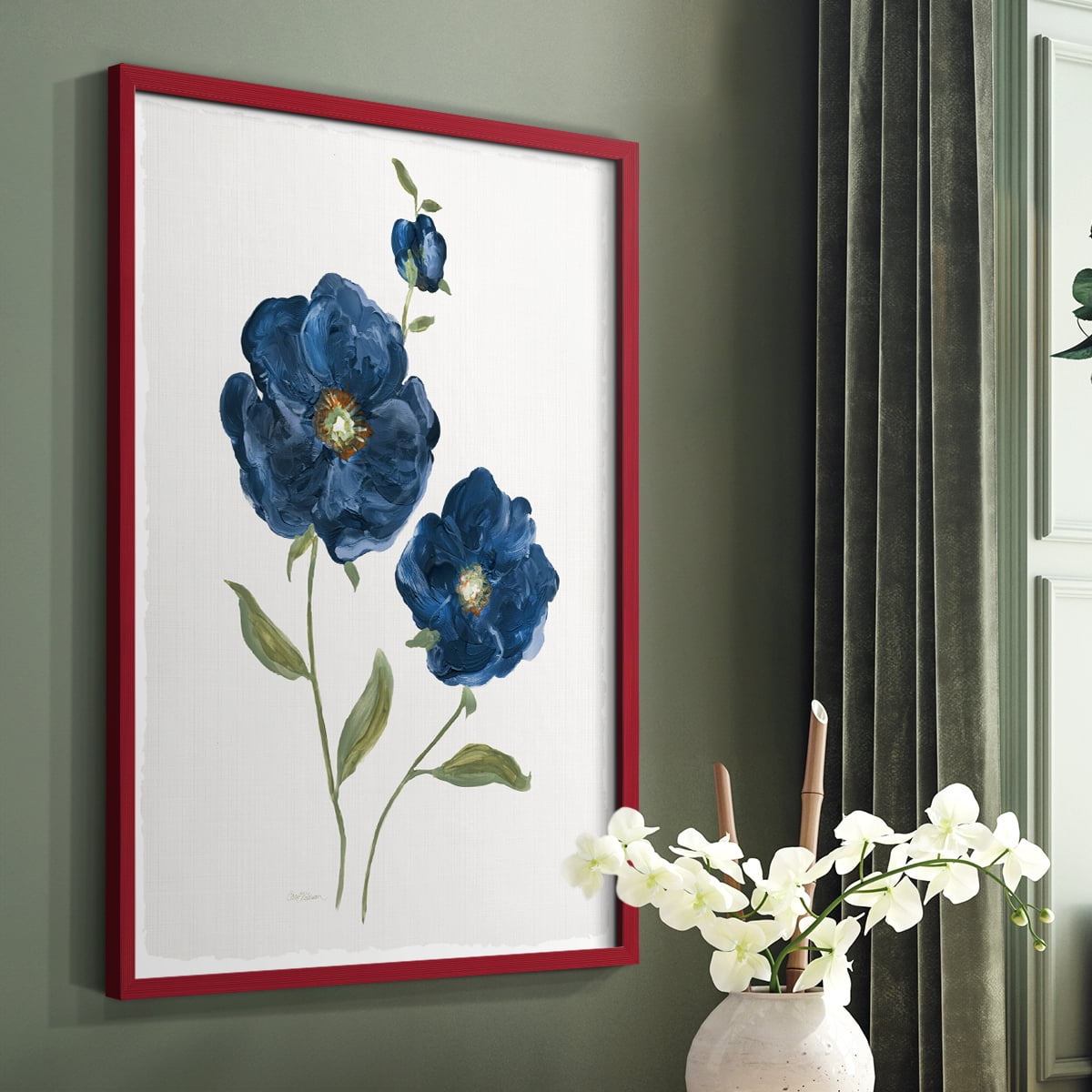 Blue Poppies Framed Print in Red Solid Wood Framed Print No Nail Hanging