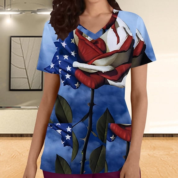 Lilgiuy Hawaiian Shirts for Women Fashion Casual Solid Round Neck Blouse Short Sleeve Pockets Loose Pullover Tees