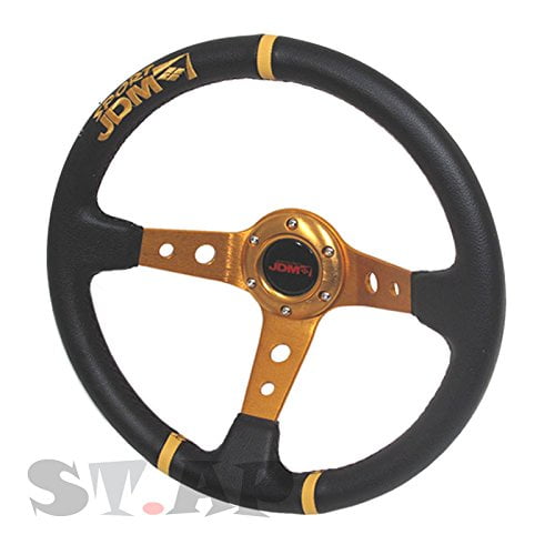 350mm Deep Dish 6 Bolt Steering Wheel Universal Custom (Gold Center JDM