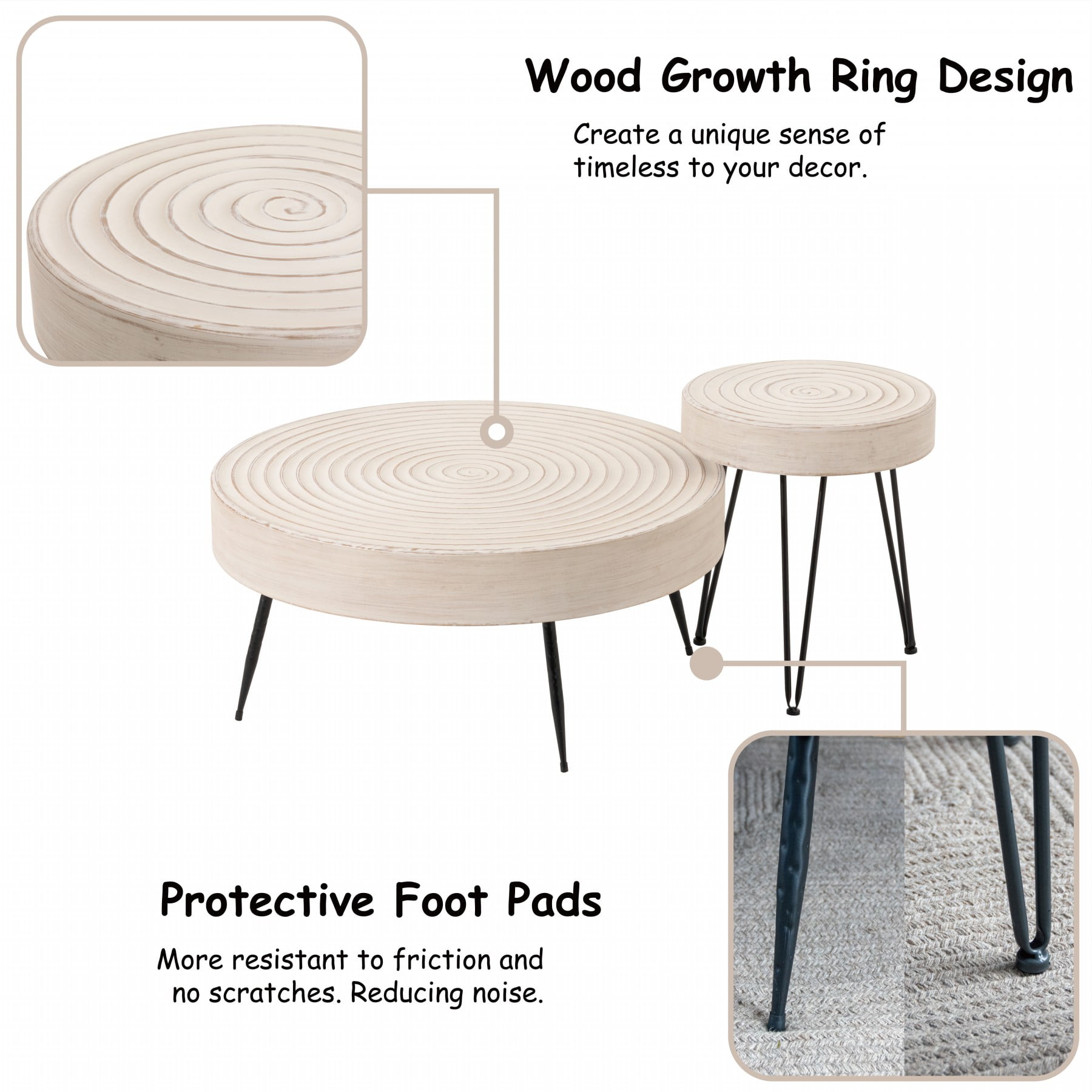 COZAYH Rustic Handmade Ring Pattern MDF and Metal Coffee Table, White