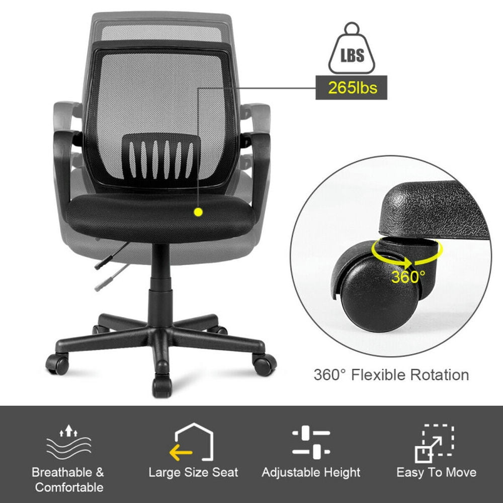 Demi Bonn Rolling Swivel Mesh Office Chair with Lumbar Support Adjustable for Home, Bedroom, Study, Black