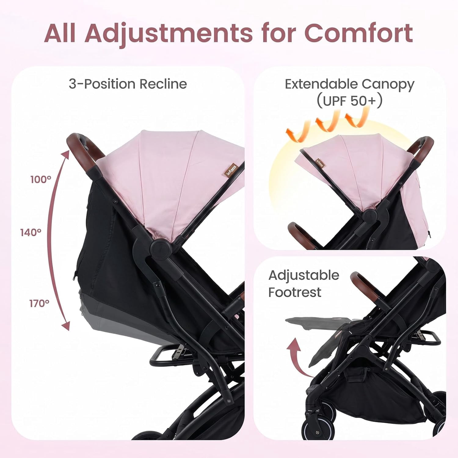INFANS Travel Stroller, Lightweight Compact Baby Stroller for Airplane with One-Hand Fold, Multi-Position Recline, Canopy, 4 Wheel Suspension, Storage Basket