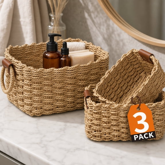 3 PCS Small Wicker Baskets, Brown Paper Rope Woven Storage Baskets for Shelves, Organizing