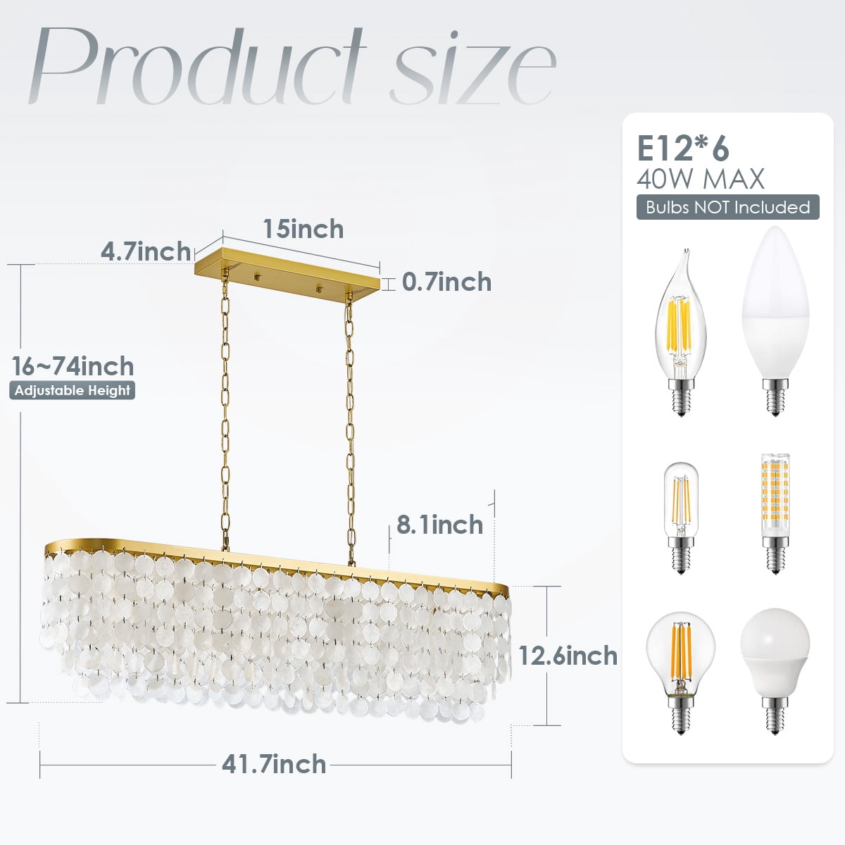 Coastal Chandeliers for Dining Room, Capiz Shell Light Fixture Over Table, 6-Light Height Adjustable Hanging Pendant Light Fixtures for Kitchen Island, Living Room, Bedroom, Bathroom,L42''