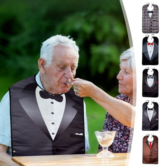 Waterproof Dining Bib for Elderly Adults | Double-Layer Polyester | Tuxedo Print | Unisex Elegant Style | Stain Resistant | Snap Closure | 33x17 in | 1 Pack | Durable