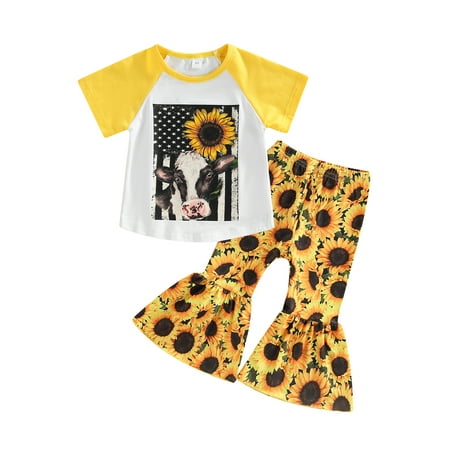 

Nokpsedcb 2Pcs Little Girls Sweet Style Outfit Toddlers Cow Head Sunflower Printing Round Collar Raglan Short Sleeve Tops Bell-bottomed Pants Yellow 4-5 Years