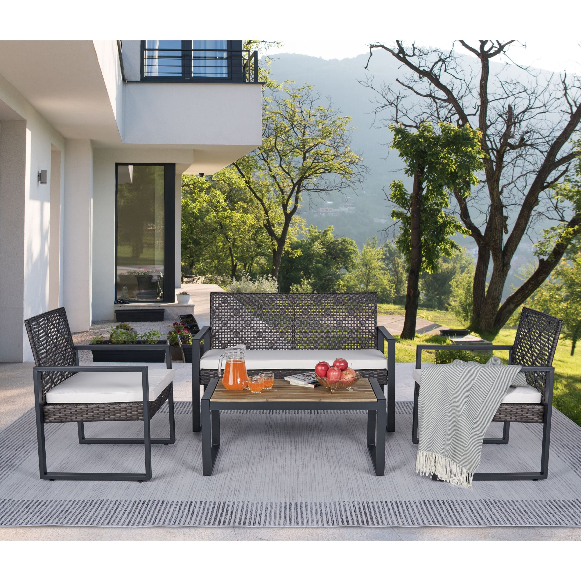 4-Piece Patio Conversation Sets, 2022 Upgrade All-Weather Wicker Patio Furniture Set w/Seat Cushions & Glass Table Table, Outdoor Patio Sets for Porch Poolside Backyard Garden, 250lbs, SS729