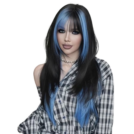 28-inch blue bangs high-level long straight wig, suitable for women's daily parties and cosplay