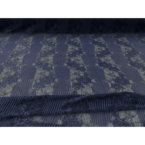Embroidered Stretch Lace Apparel Fabric Sheer Floral Stripe Navy Blue XX410