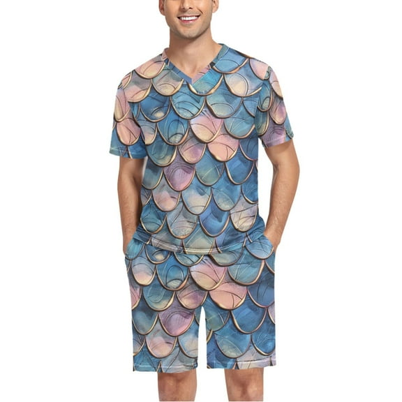 joogoo Men's Pajama Set Fish Scales V-Neck Pj Shorts Set 2 Piece Loungewear Sleepwear L
