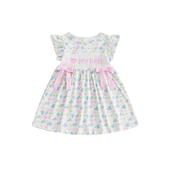 BemeyourBBs Kids Toddler Baby Girl Fathers Day Dress Outfit I Love My Dad Fly Sleeve Floral Print A-Line Front Bow Smocked Dress Toddler Baby Girls Summer Dress