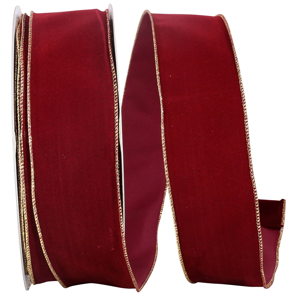 Wired Burgundy Velvet with Gold Edge Christmas Ribbon 2 1/2" #40 - 50 Yards