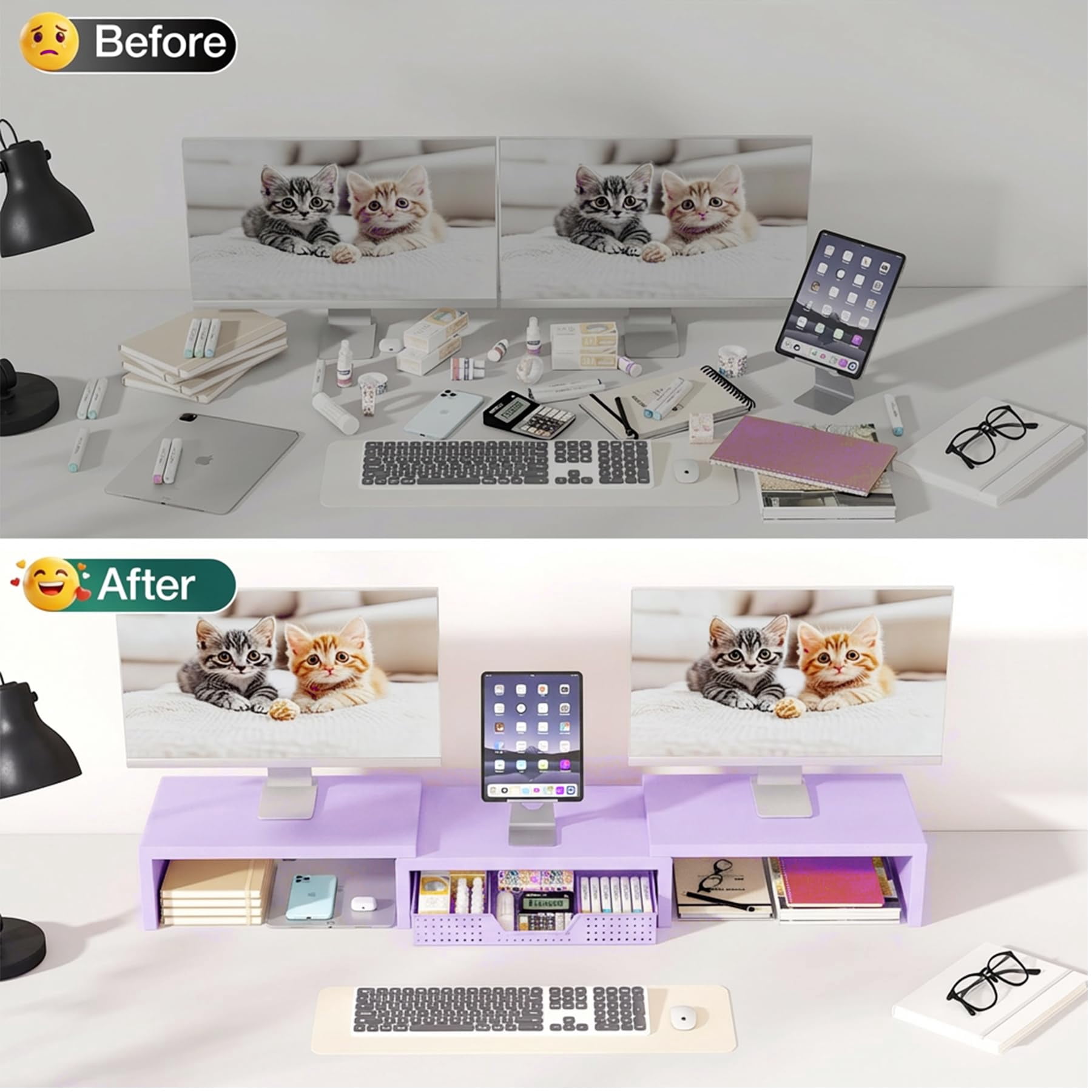 Dual Computer Monitor Stand Riser With Drawer  Workspace Desk Organizer Office Supplies Accessories For Women Purple