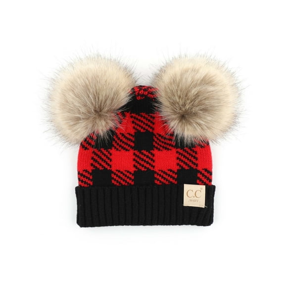 CC Baby Double Pom Buffalo Plaid Newborn to 9 Months Infant Beanie Red Black - Soft, Warm Hats for Babies and Toddlers - Cozy Winter Wear