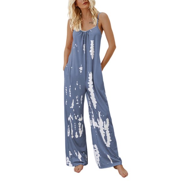 Women Tie Dye Wide Leg Jumpsuit Sleeveless V Back Casual Loose Summer Outfit
