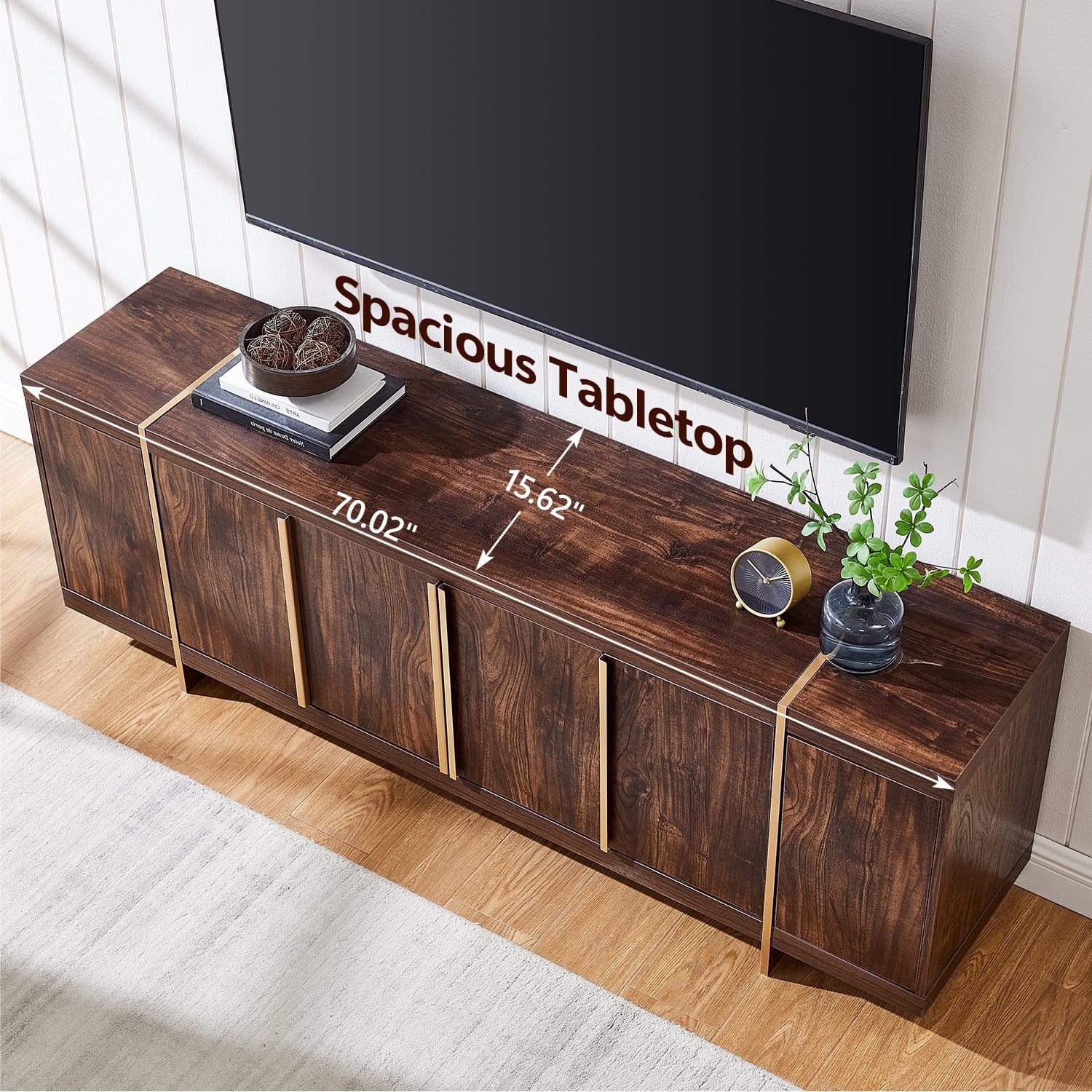 KeyWhat TV Stand for TVs Up to 80", Modern Entertainment Center with Storage, TV Console with Handle-Free Hidden Doors Design for Living Room, Dark Walnut