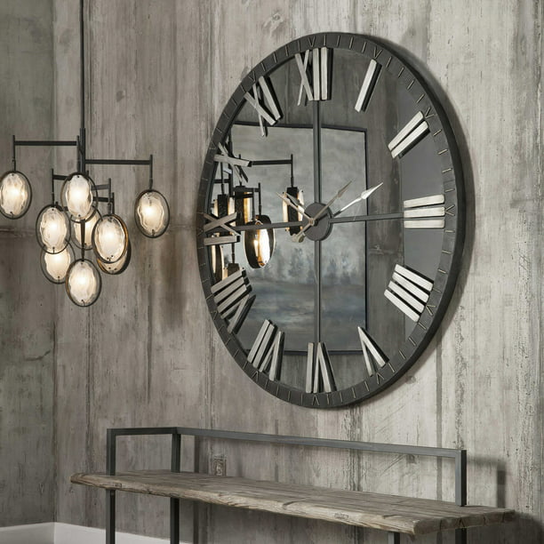 Uttermost 06419 Amelie 60 Oversized Distressed Rustic Mirror Face Wall Clock Bronze Com - Large Bronze Metal Wall Clock