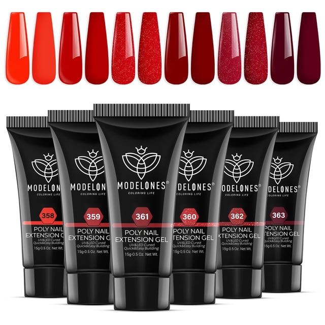Set de gel de uñas Poly Modelones, 6 colores, colección roja, 90 ml