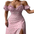 thumbnail image 2 of Femmes Casual Côté Divisé Robe Florale/solide Manches Bouffantes Lacets Bas Coupe Slim Plage Robes d'Été Sans Manches Robes, 2 of 5