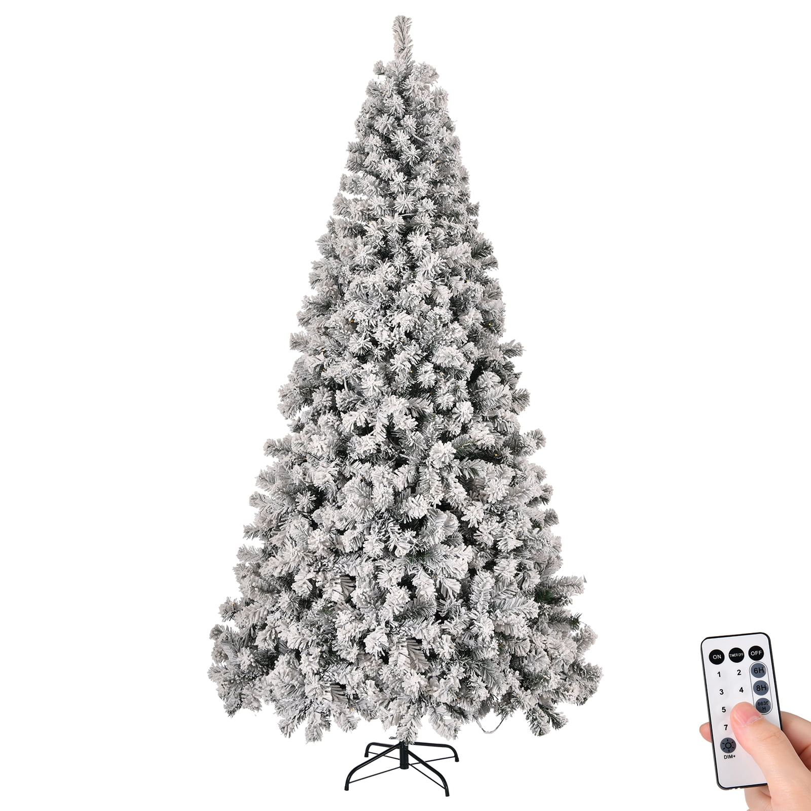 8 FT Snow-Flocked Pre-Lit Christmas Tree 1300 PVC Branch Tips 500 LEDs and Remote 11 Modes Stepless Dimming 3-Step Setup for Holiday Party Office Home Snowy Green