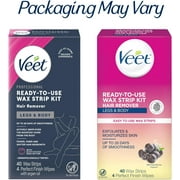 VEET Sugar Wax Strips For Womens Body Hair Removal, Bikini Hair Removal Kit, Pubic, Dermatologically Tested For Body & Intimate Areas, 40ct Wax Strips with Shea Butter & 4ct Wipes