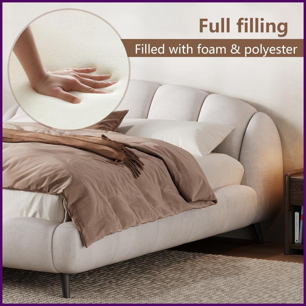 King Size Beige Chenille Upholstered Platform Bed Frame - Solid Rubberwood, No Box Spring Needed, Silent for Master Bedroom