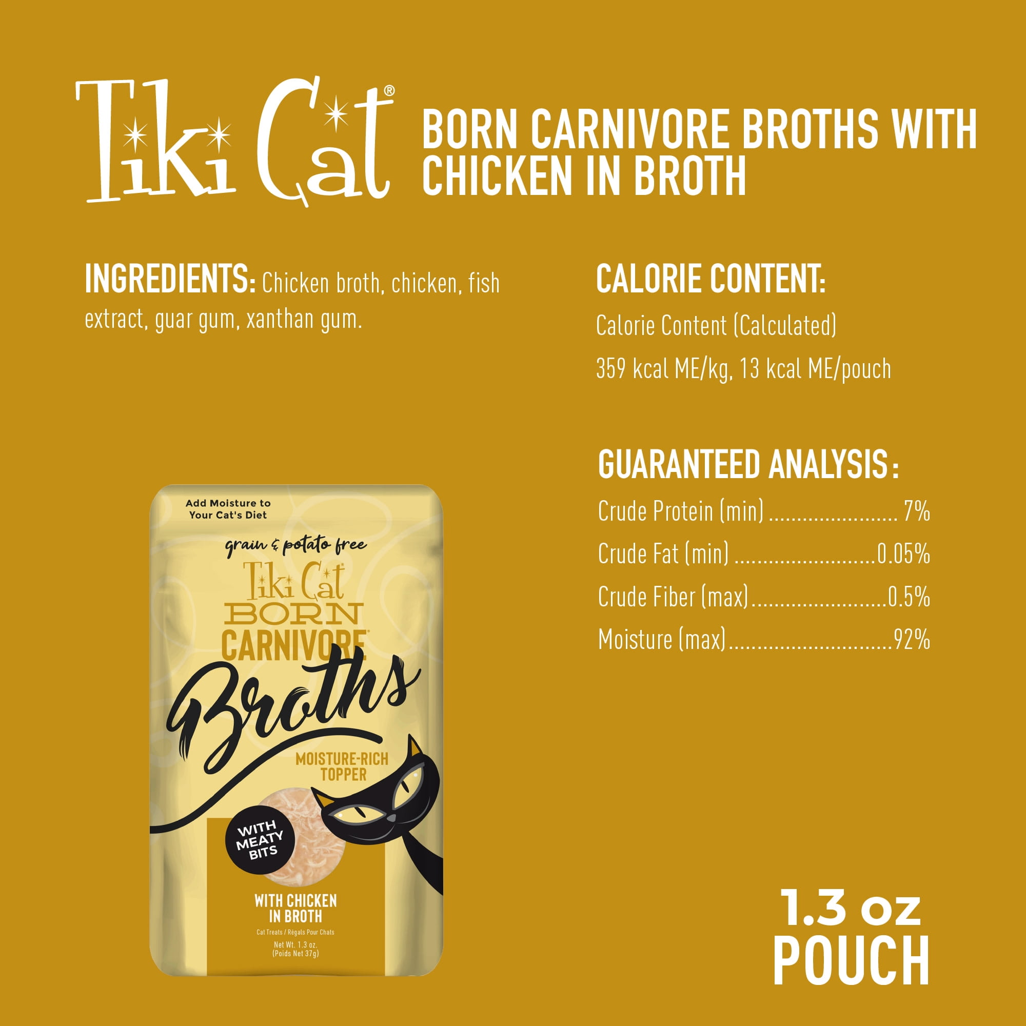 (2 pack) Tiki Cat Born Carnivore Broths Wet Cat Food Topper, Chicken, 1.3 oz. Pouch