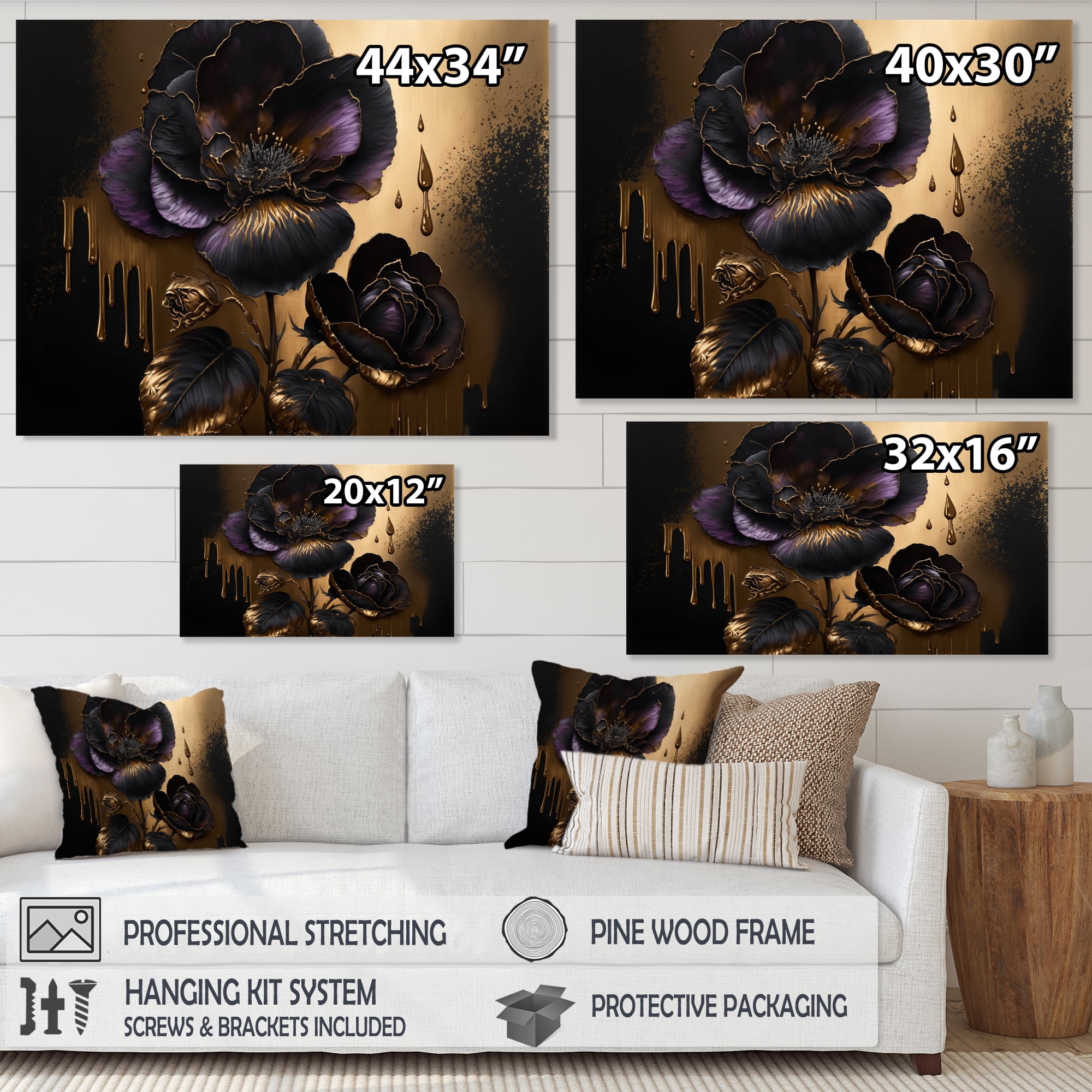 Designart Black And Gold Violets II Canvas Wall Art