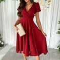 thumbnail image 4 of Women's Solid Elegant V Neck Waist Sleeve Large Hem Dress Pleated Dress for Women Summer Elegant Dress Prelude Dress Tunic Dress Summery Dresses Dresses Casual Fall Casual Dresses for Women Summer, 4 of 6