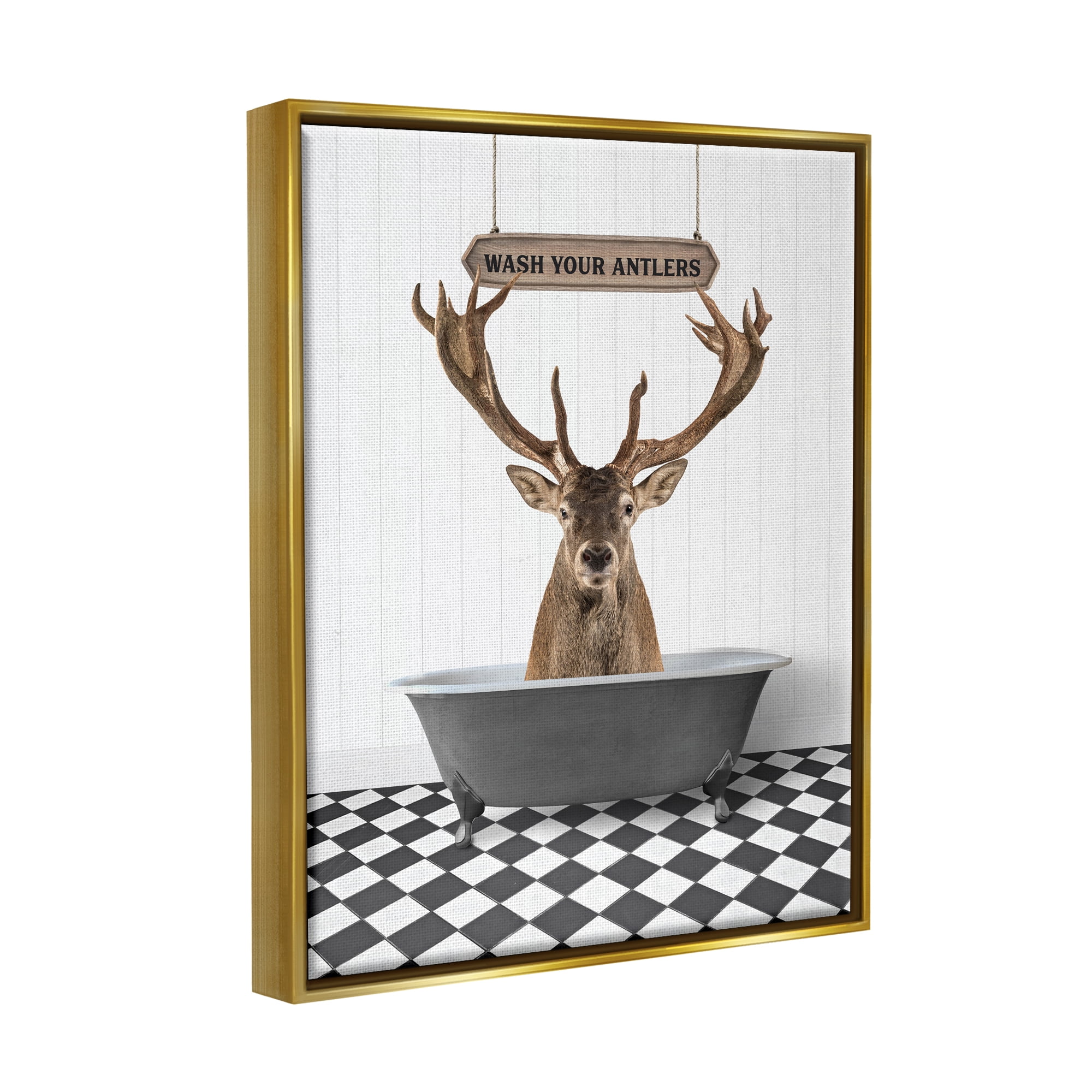 Stupell Industries Wash Your Antlers Elk Animals & Insects Painting Gold Floater Framed Art Print Wall Art, 17 x 21