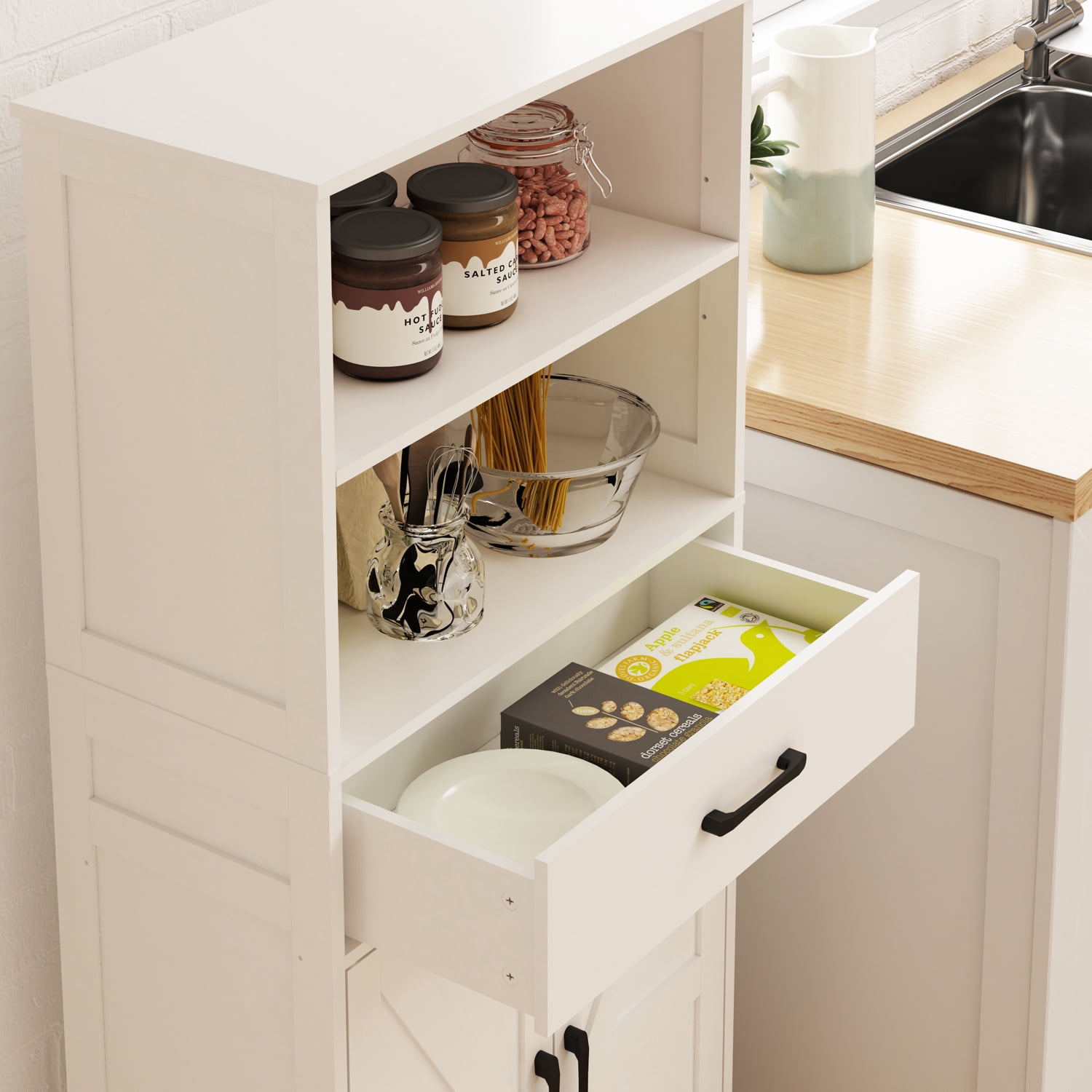 LENLN Farmhouse Bathroom Floor Cabinet with 2 Doors, 1 Drawer & 2 Open Shelves, 51" Tall Freestanding Storage Cabinet for Kitchen, Living Room, White