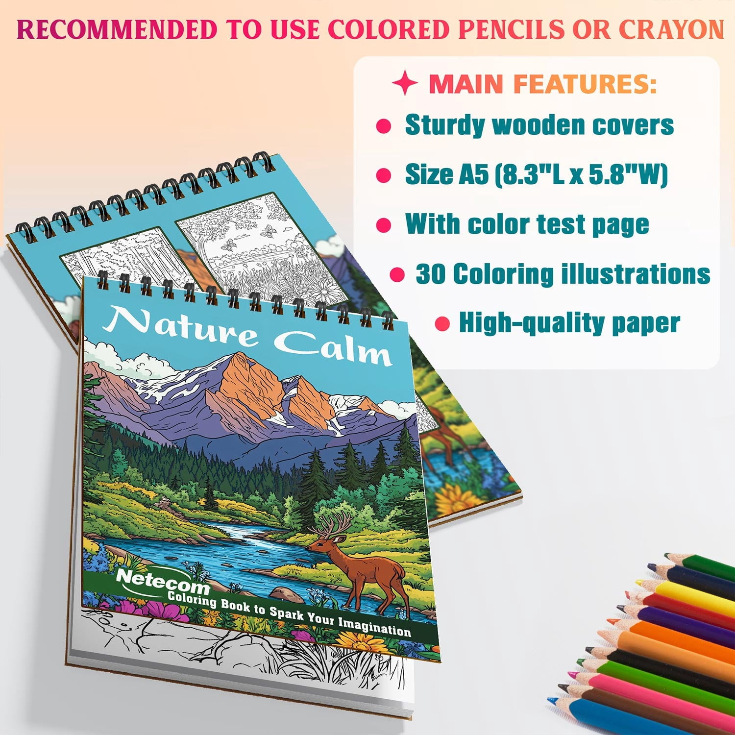 Netecom Nature Calm Coloring Book Spiral Bound for Adults, A5 Wooden Cover, 30 Peaceful Coloring Pages of Tranquil Landscapes for Stress Relief and Relaxation