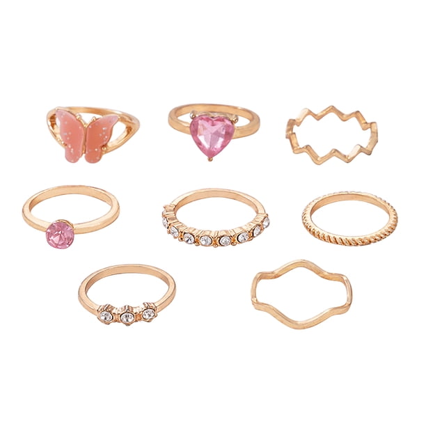 Mujer Bohemia Rosa Corazón Wave Anillo Set Vintage Metal Color Oro Anillos de dedo de diamantes de imitación Regalos de la joyería del partido