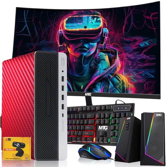 Restored HP G3 Green Desktop Computer Gaming PC, i5, 16GB RAM, 512GB SSD, GTX 1650 Graphics, 24 Inch Curved Monitor, RGB KBM, Speaker, Webcam, USB WiFi BT, Win 11