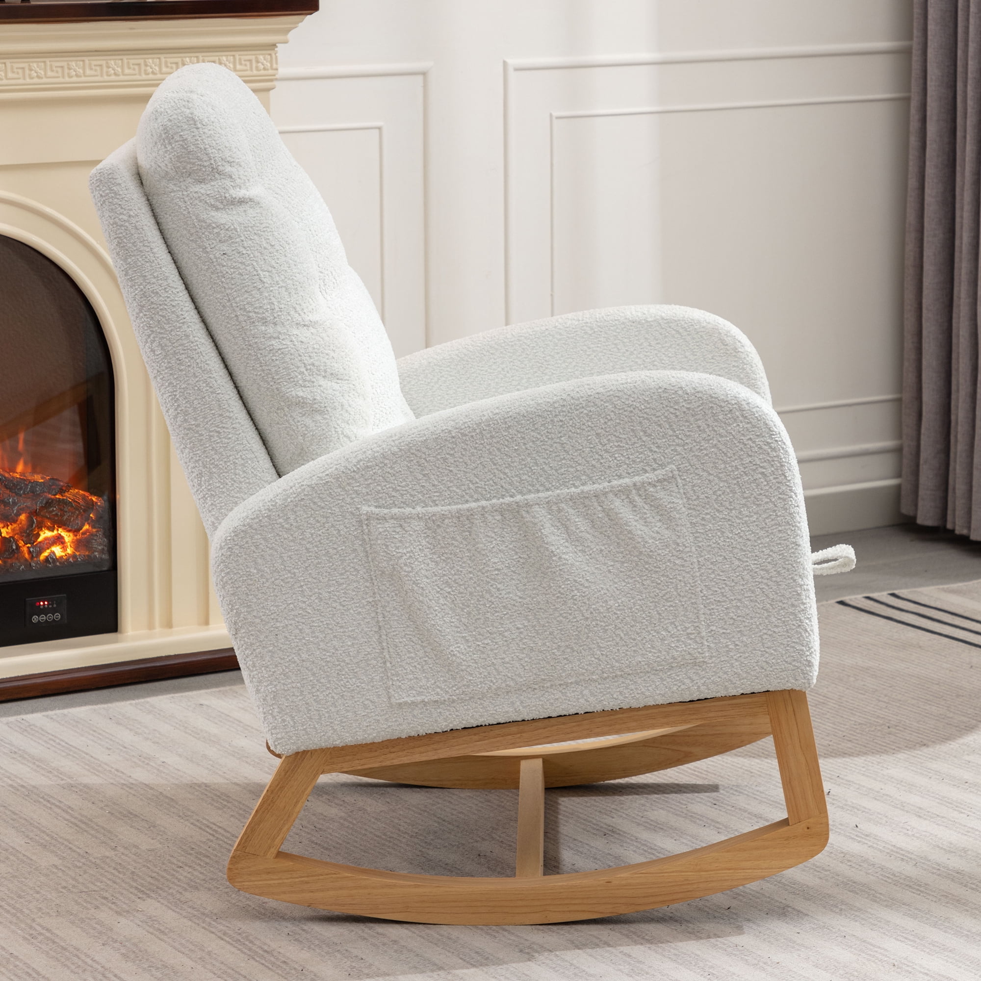 DEALTOPS Rocking Accent Chair with Footrest High Back Rubber Wood Legs for Bedroom Living Space-White