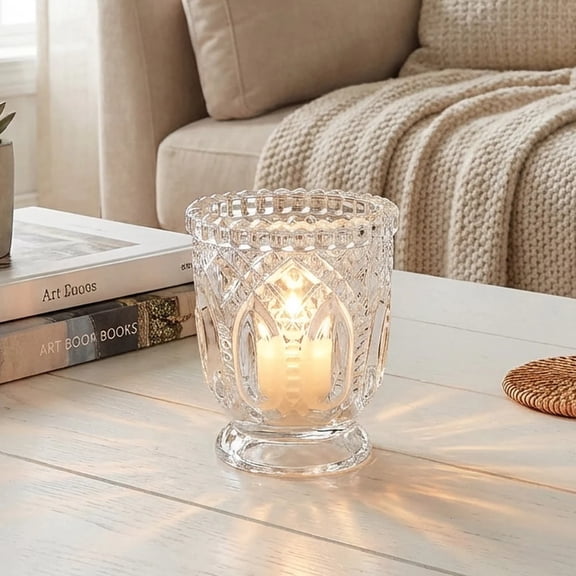 6 Clear 3 Inch Glass Candle Holders with Textured Vintage Design Party Decoration