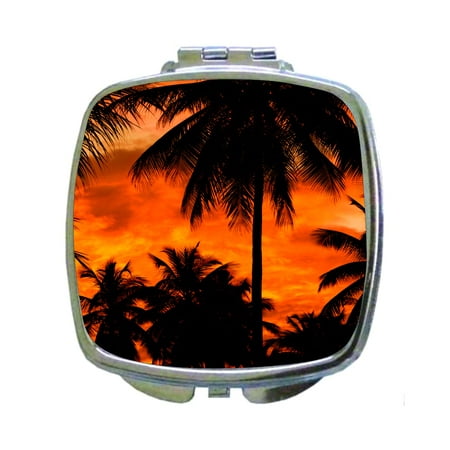 Olds Silhouette Heated Mirror (Orange Palm Tree Silhouettes Sunset Oasis Beach Square Shaped Compact Travel Pocket Size Beauty)
