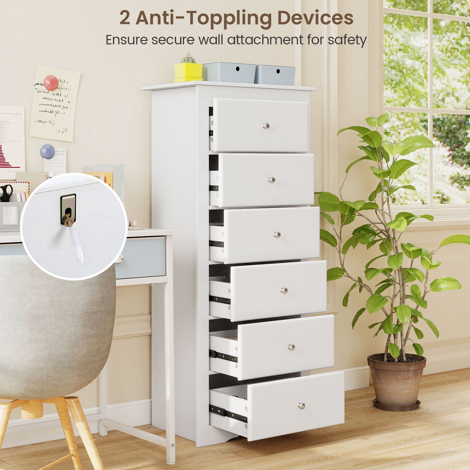 Giantex 6 Dresser Chest, Free Standing Wooden Storage Cabinet, Tall Dresser Clothes Organizer, White